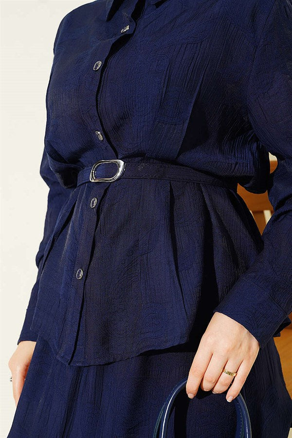 2 Piece Set with belted paisley patterned skirt, navy blue.
