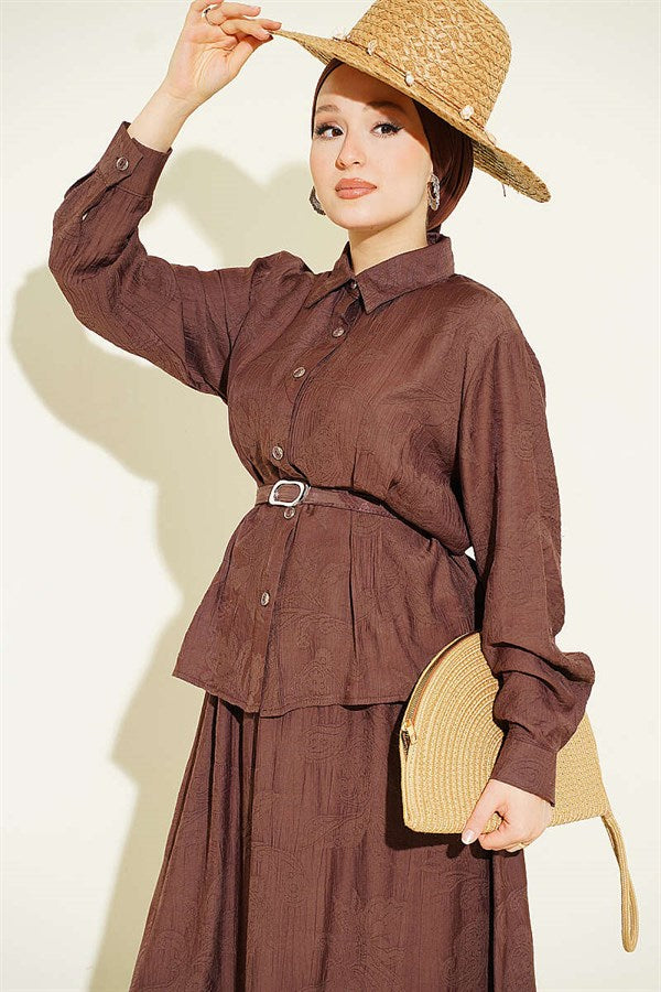2 Piece Set with belted paisley pattern skirt, coffee brown.