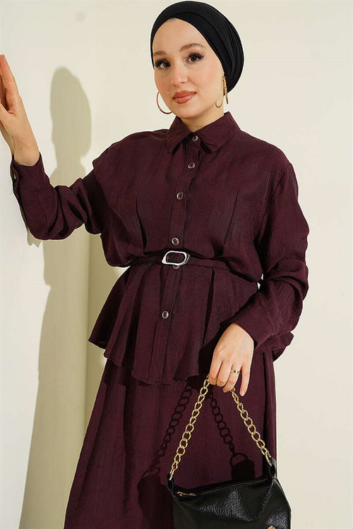 2 Piece Set with belted paisley patterned skirt, plum color.