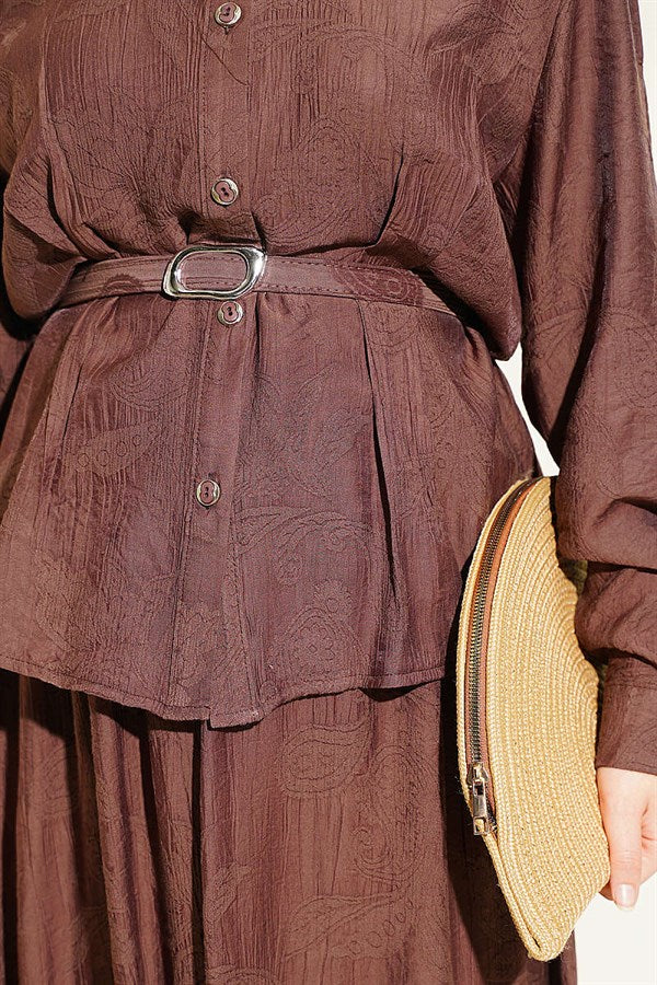 2 Piece Set with belted paisley pattern skirt, coffee brown.