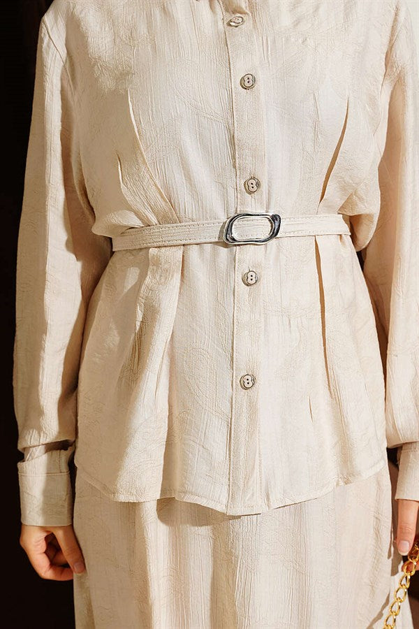 2 Piece Set with belted paisley patterned skirt, beige.