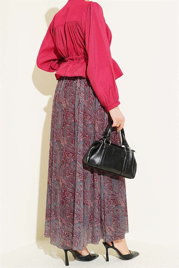 Belted Paisley Pattern Chiffon Skirt Burgundy