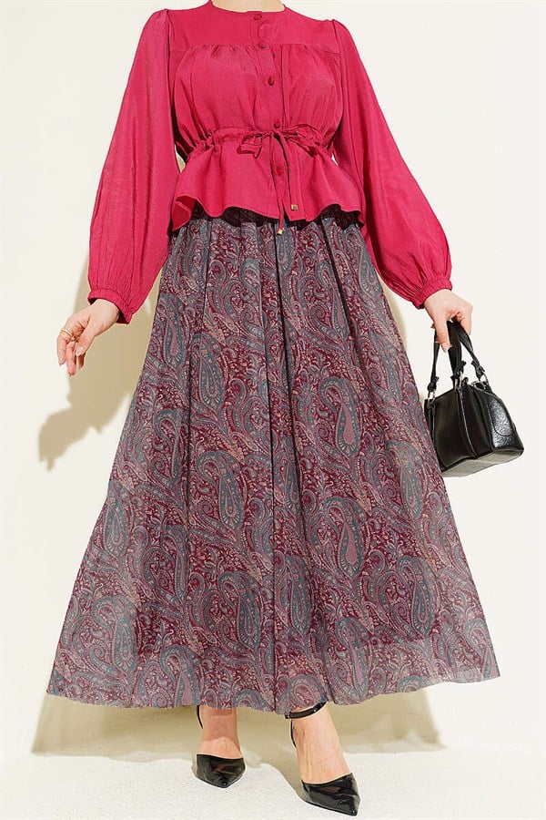 Belted Paisley Pattern Chiffon Skirt Burgundy