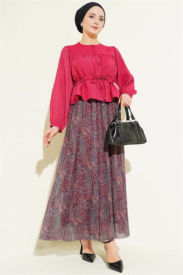 Belted Paisley Pattern Chiffon Skirt Burgundy