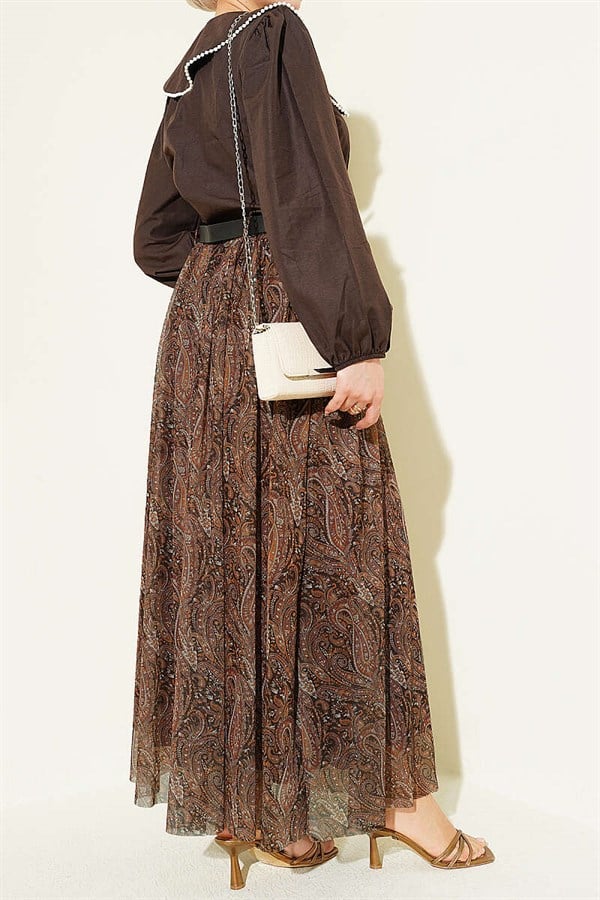 Belted Paisley Pattern Chiffon Skirt, Brown