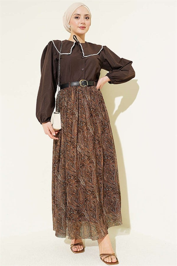 Belted Paisley Pattern Chiffon Skirt, Brown