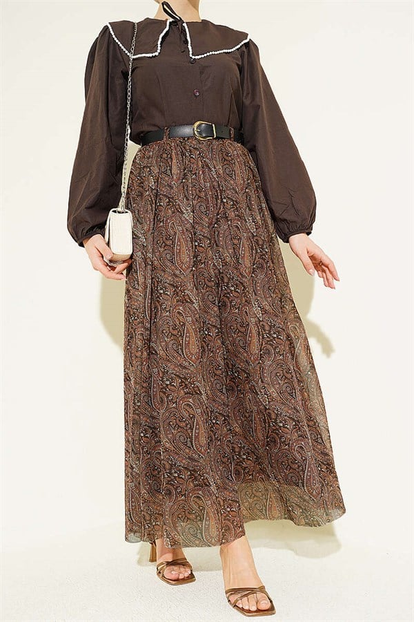 Belted Paisley Pattern Chiffon Skirt, Brown