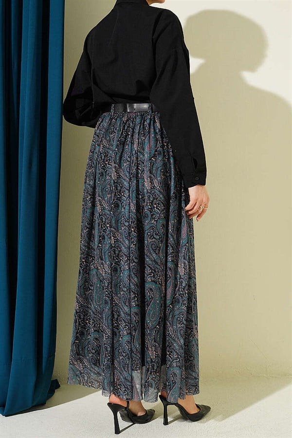 Belted Paisley Pattern Chiffon Skirt Emerald