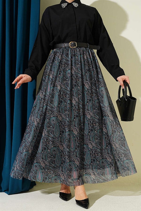 Belted Paisley Pattern Chiffon Skirt Emerald