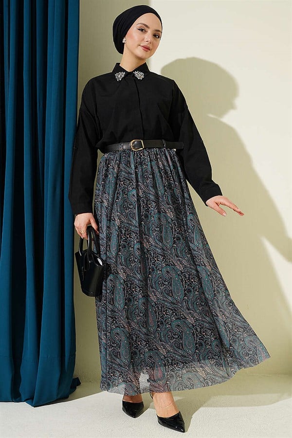 Belted Paisley Pattern Chiffon Skirt Emerald