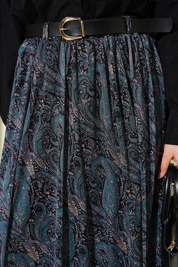 Belted Paisley Pattern Chiffon Skirt Emerald