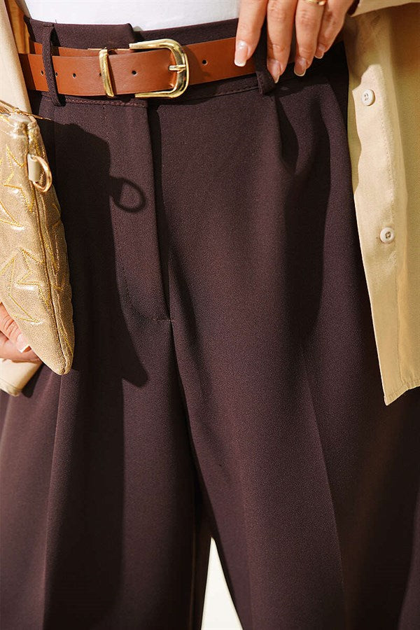 Belted Palazzo Fabric Trousers, Brown