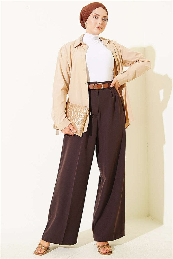 Belted Palazzo Fabric Trousers, Brown