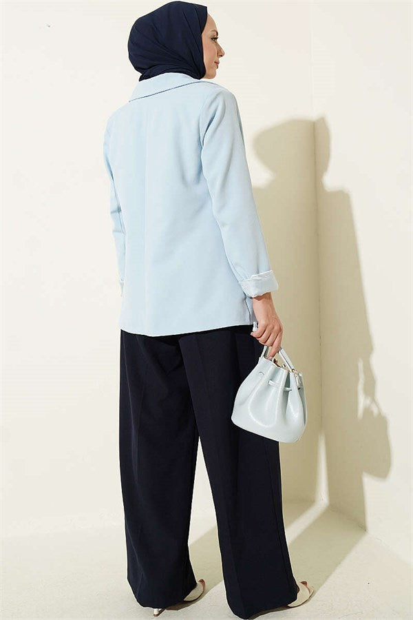 Belted Palazzo Fabric Trousers Navy Blue