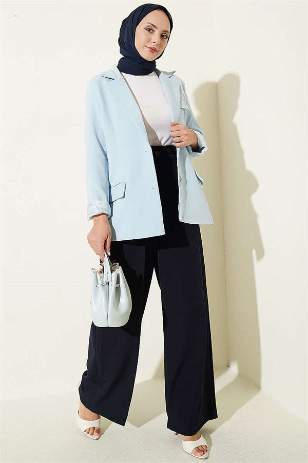 Belted Palazzo Fabric Trousers Navy Blue