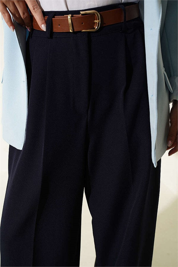 Belted Palazzo Fabric Trousers Navy Blue