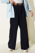 Belted Palazzo Fabric Trousers Navy Blue