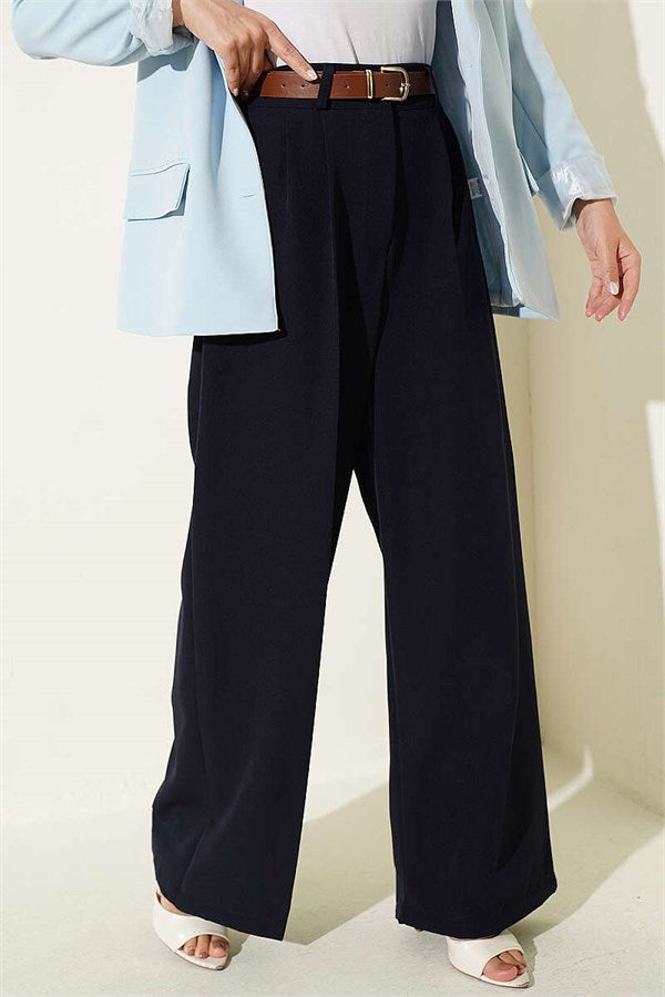Belted Palazzo Fabric Trousers Navy Blue