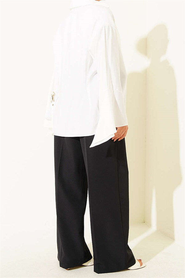 Black Palazzo Fabric Trousers with Belt