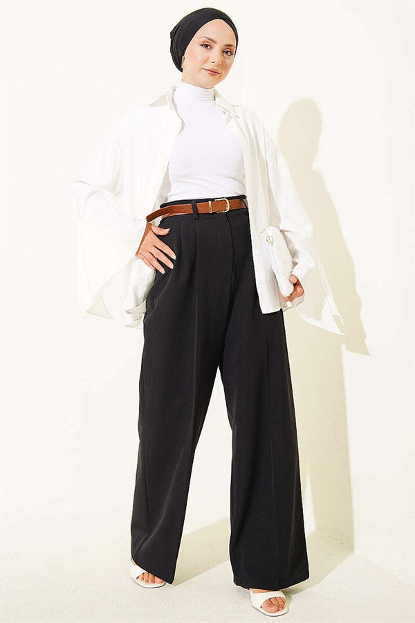 Black Palazzo Fabric Trousers with Belt