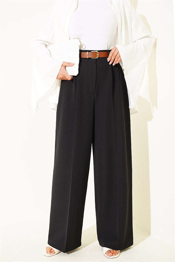 Black Palazzo Fabric Trousers with Belt