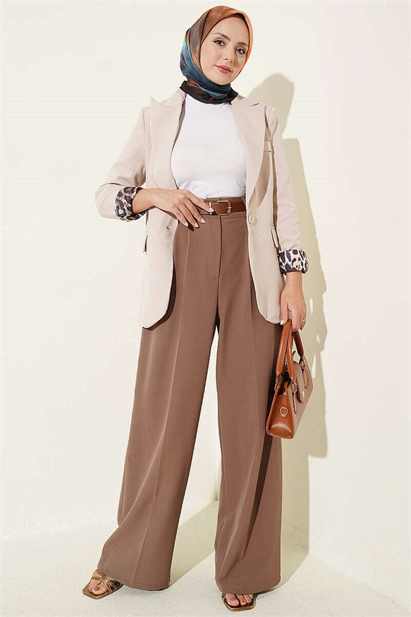 Belted Palazzo Fabric Trousers, Milky Coffee