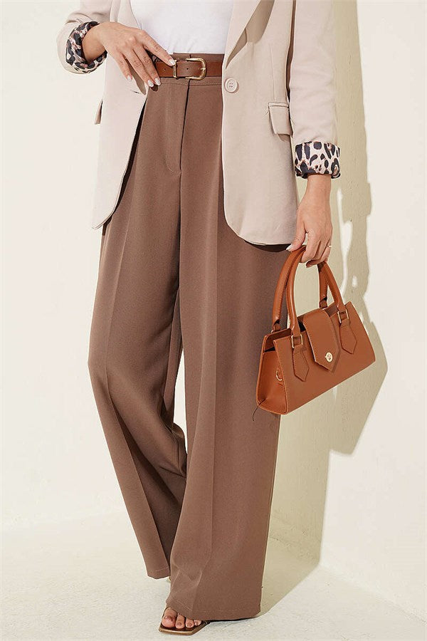 Belted Palazzo Fabric Trousers, Milky Coffee