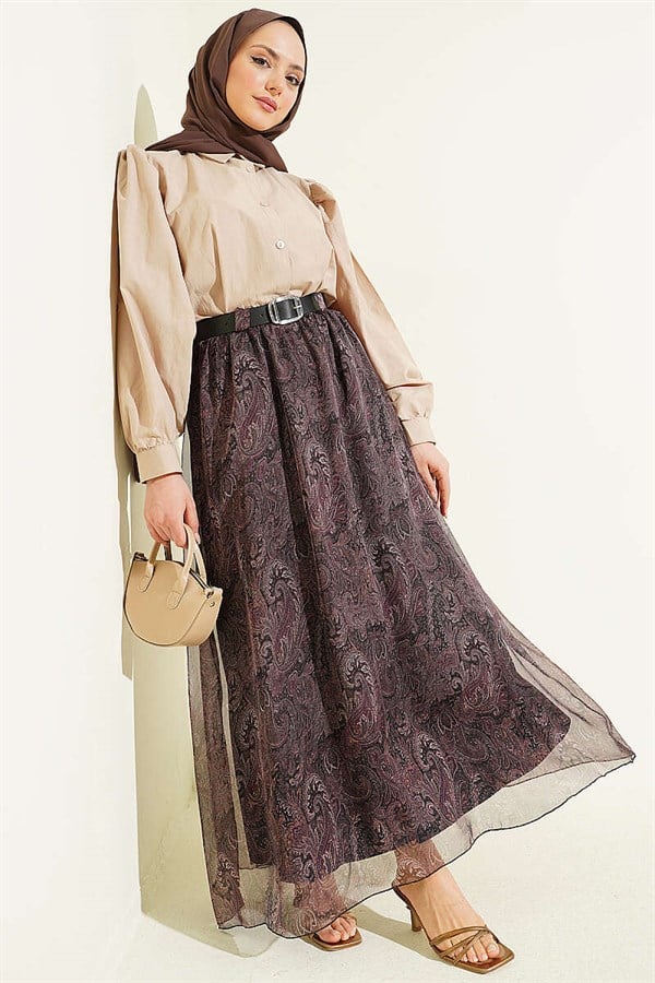 Arched Pasiley Pattern Chiffon Skirt, Khaki