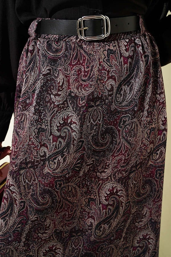 Belted Pasiley Pattern Chiffon Skirt, Plum