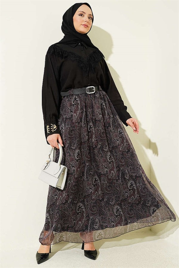 Black Chiffon Skirt with Arched Pasiley Pattern