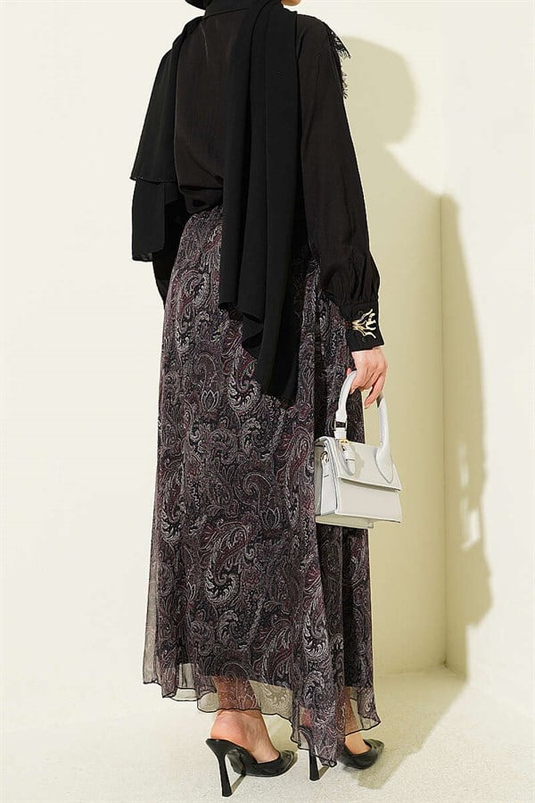 Black Chiffon Skirt with Arched Pasiley Pattern