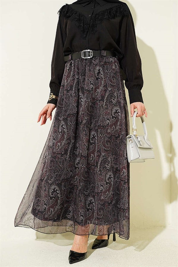 Black Chiffon Skirt with Arched Pasiley Pattern