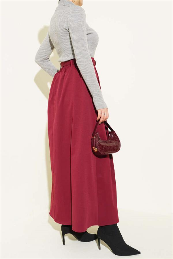 Belted, Pleated Skirt with Pockets, Burgundy