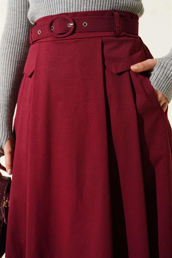 Belted, Pleated Skirt with Pockets, Burgundy
