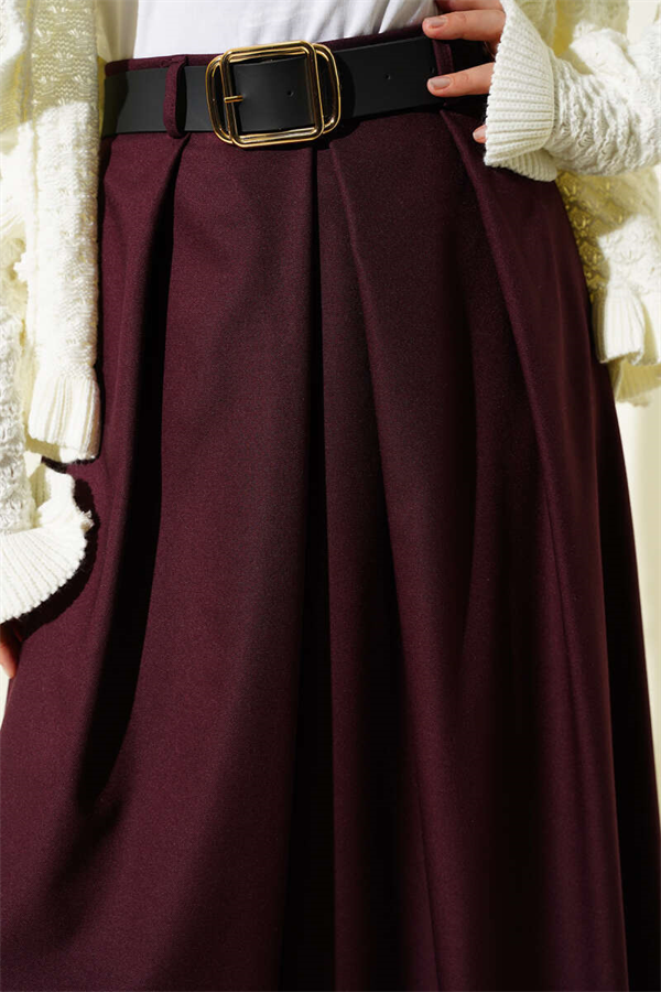 Belted Pleated Skirt, Burgundy
