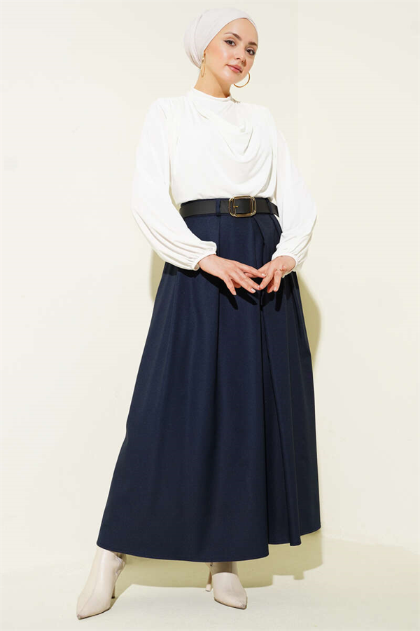 Belted Pleated Skirt, Navy Blue