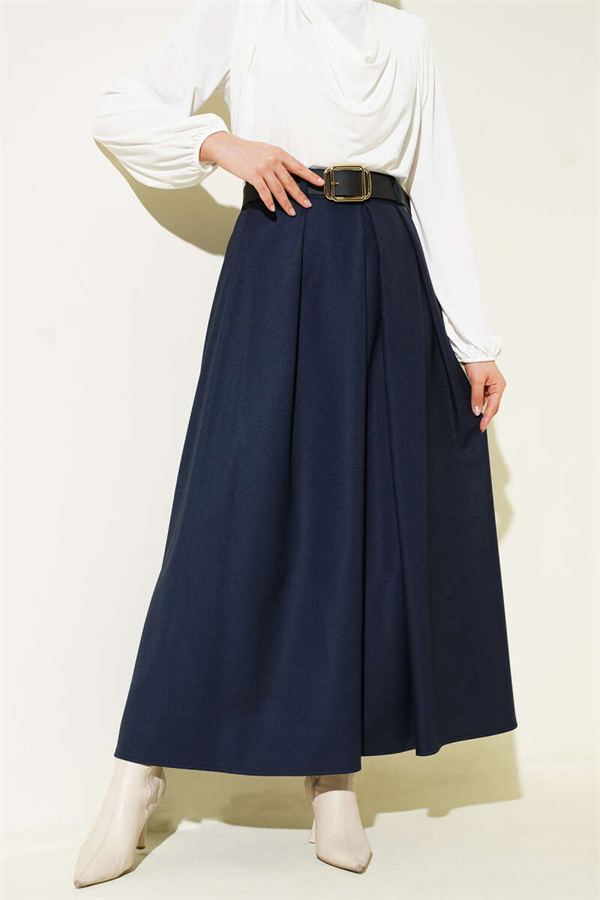 Belted Pleated Skirt, Navy Blue