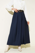 Belted Pleated Skirt, Navy Blue