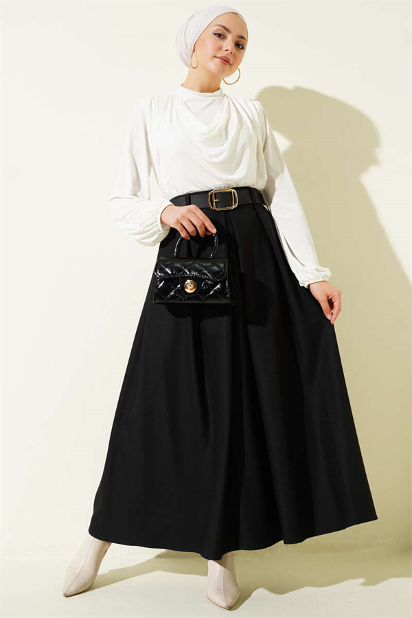 Belted Pleated Skirt, Black