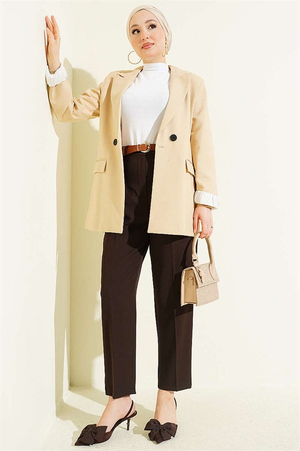 Belted Pleated Detail Carrot Pants Dark Brown