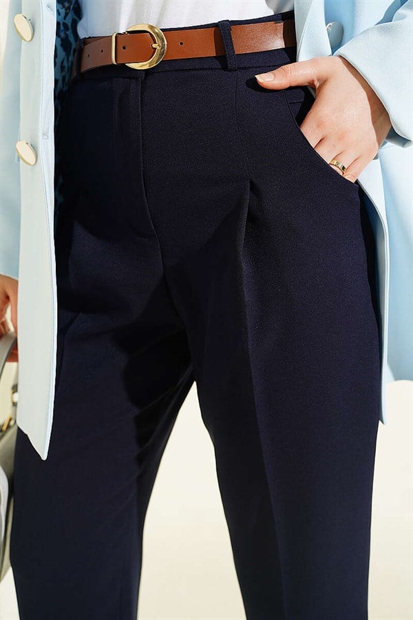 Belted Pleated Detail Carrot Trousers Navy Blue