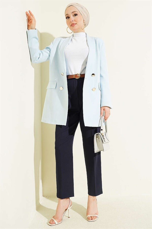 Belted Pleated Detail Carrot Trousers Navy Blue