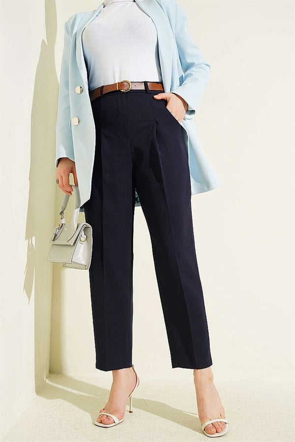 Belted Pleated Detail Carrot Trousers Navy Blue