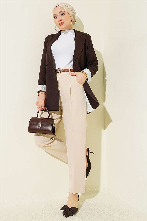Belted Pleated Detail Carrot Pants Stone