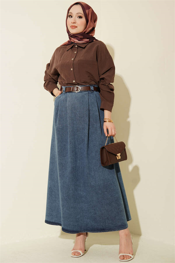 Denim Skirt with Belted Pleat Detail, Blue