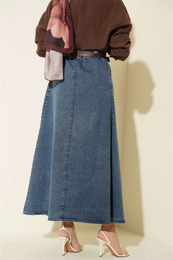 Denim Skirt with Belted Pleat Detail, Blue