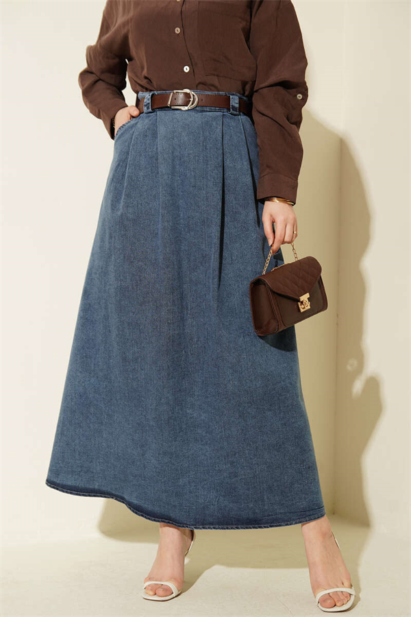 Denim Skirt with Belted Pleat Detail, Blue