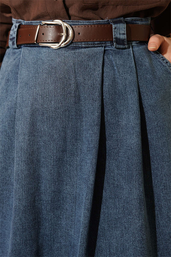 Denim Skirt with Belted Pleat Detail, Blue