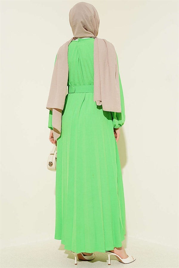 Belted Pleated Flared Dress Neon Green