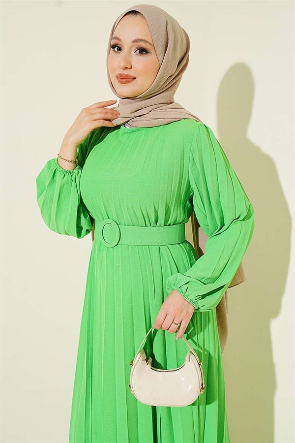 Belted Pleated Flared Dress Neon Green